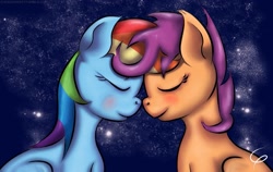 Size: 1707x1080 | Tagged: safe, artist:cuckooparty, rainbow dash, scootaloo, pegasus, pony, blushing, female, lesbian, nose to nose, older, scootadash, shipping