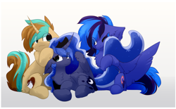 Size: 1944x1206 | Tagged: safe, artist:little-sketches, princess luna, oc, oc:demi, oc:night shadow, alicorn, pegasus, pony, unicorn, cute, dawwww, female, friendship, group hug, happy, holding head, hug, male, mare, simple background, smiling, stallion, tail, tail hug, tail pull, weapons-grade cute