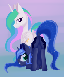 Size: 1497x1809 | Tagged: safe, artist:dusthiel, princess celestia, princess luna, alicorn, pony, :t, butt, dock, eclipse, face down ass up, featureless crotch, female, gradient background, grin, looking at you, looking back, looking back at you, mare, moonbutt, plot, rear view, royal sisters, siblings, sisters, smiling, sunbutt