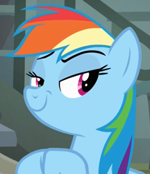 Size: 563x652 | Tagged: safe, screencap, rainbow dash, pegasus, pony, daring don't, dreamworks face, smug, solo