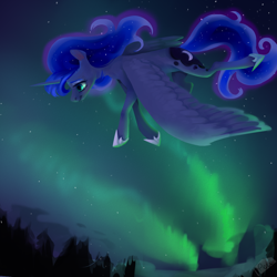 Size: 1000x1000 | Tagged: safe, artist:theo-0, princess luna, alicorn, pony, aurora borealis, ethereal mane, female, flying, mare, night, profile, sky, solo, spread wings, starry mane, stars, wings
