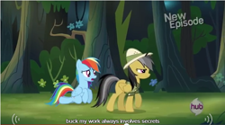 Size: 640x357 | Tagged: safe, screencap, daring do, rainbow dash, pegasus, pony, daring don't, meme, youtube caption