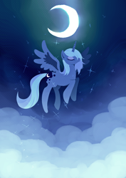 Size: 2150x3035 | Tagged: safe, artist:tan_fantazma, princess luna, alicorn, pony, cloud, crescent moon, eyes closed, female, flying, high res, mare, moon, night, pixiv, s1 luna, sky, solo, spread wings, stars, wings