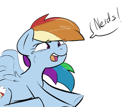 Size: 685x580 | Tagged: safe, artist:^:3, derpibooru import, rainbow dash, pegasus, pony, crying, dialogue, female, mare, nerds, open mouth, simple background, solo, white background