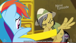 Size: 638x359 | Tagged: safe, screencap, daring do, rainbow dash, pegasus, pony, daring don't, meme, pillar of burnination, rings of scorchero, youtube caption