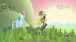 Size: 638x352 | Tagged: safe, screencap, daring do, rainbow dash, pegasus, pony, daring don't, meme, youtube caption