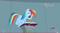 Size: 636x356 | Tagged: safe, screencap, rainbow dash, pegasus, pony, daring don't, flying, meme, solo, youtube caption