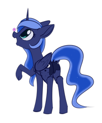 Size: 1404x1698 | Tagged: safe, artist:dusthiel, princess luna, alicorn, pony, balancing, cute, digital art, female, lunabetes, mare, raised hoof, rear view, simple background, smiling, solo, transparent background