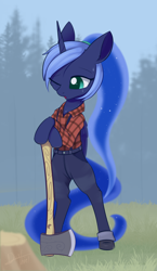 Size: 1008x1740 | Tagged: safe, artist:dusthiel, princess luna, alicorn, pony, alternate hairstyle, axe, belt, bipedal, clothes, female, forest, grass, jeans, lumberjack, mare, one eye closed, open mouth, outdoors, pants, plaid shirt, ponytail, solo, suspenders, sweat, tree stump, weapon