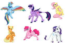 Size: 1600x1076 | Tagged: safe, artist:bluesidearts, derpibooru import, applejack, fluttershy, pinkie pie, rainbow dash, rarity, twilight sparkle, twilight sparkle (alicorn), alicorn, classical unicorn, earth pony, pegasus, pony, unicorn, female, leonine tail, mane six, mare, rainbow feathers, spread wings, tail feathers, unshorn fetlocks