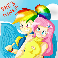 Size: 1500x1500 | Tagged: safe, artist:eduarknes, derpibooru import, fluttershy, rainbow dash, human, alternate hairstyle, boob window, breasts, cleavage, female, flutterdash, gritted teeth, humanized, lesbian, ponytail, shipping, winged humanization