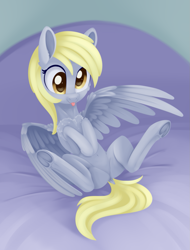 Size: 1035x1362 | Tagged: safe, artist:dusthiel, derpy hooves, pegasus, pony, :p, adorkable, belly button, cheek fluff, chest fluff, cute, derpabetes, dock, dork, ear fluff, featureless crotch, female, frog (hoof), golden eyes, hooves to the chest, mare, on back, solo, spread legs, spread wings, spreading, tongue out, underhoof, wings