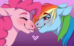 Size: 1600x1000 | Tagged: safe, artist:fluffyrainbowsheep, derpibooru import, pinkie pie, rainbow dash, earth pony, pegasus, pony, cute, dashabetes, diapinkes, female, lesbian, pinkiedash, shipping, tongue out