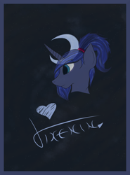 Size: 1088x1472 | Tagged: safe, artist:vixenin, princess luna, alicorn, pony, hair tie, heart, moon, ponytail, signature, simple background