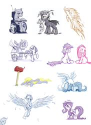 Size: 1634x2248 | Tagged: safe, artist:averagedraw, derpibooru import, applejack, derpy hooves, fluttershy, limestone pie, marble pie, mare do well, opalescence, pinkie pie, rainbow dash, spitfire, twilight sparkle, earth pony, pegasus, pony, box, feather, female, flapplejack, halo, mail, mailbox, mare, pie sisters, pinkamena diane pie, sketch, twilight snapple, wagon, wheelchair, wings