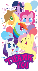 Size: 1800x3300 | Tagged: safe, artist:angelemlin, derpibooru import, applejack, fluttershy, pinkie pie, rainbow dash, rarity, twilight sparkle, earth pony, pegasus, pony, unicorn, balloon, confetti, mane six, smiling