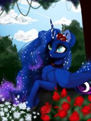 Size: 3096x4128 | Tagged: safe, artist:livitoza, princess luna, alicorn, pony, cloud, collar, female, flower, flower in hair, horn, horn jewelry, jewelry, solo