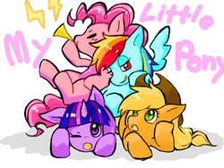 Size: 800x600 | Tagged: safe, artist:6 3, artist:yorosikune, derpibooru import, applejack, pinkie pie, rainbow dash, twilight sparkle, earth pony, pegasus, pony, pixiv, pony pile