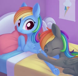 Size: 1024x996 | Tagged: safe, artist:dusthiel, rainbow dash, oc, oc:dark rainbow, pegasus, pony, butthug, hug, male, prone, stallion