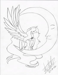 Size: 1700x2191 | Tagged: safe, artist:fizzyrox, princess luna, alicorn, pony, female, hoof shoes, impossibly large wings, large wings, lineart, mare, monochrome, peytral, signature, solo, tangible heavenly object, traditional art, transparent moon, wings