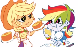 Size: 1800x1100 | Tagged: safe, artist:setoya, derpibooru import, applejack, rainbow dash, equestria girls, apron, bib, black sclera, clothes, food