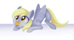 Size: 1630x886 | Tagged: safe, artist:dusthiel, derpy hooves, pegasus, pony, cheek fluff, cute, derpabetes, face down ass up, female, food, leg fluff, mare, mouth hold, muffin, simple background, solo, transparent background