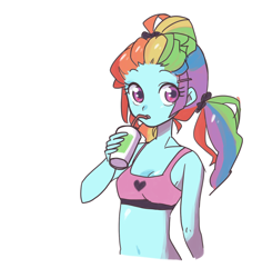 Size: 1296x1375 | Tagged: safe, artist:ikirunosindo, derpibooru import, rainbow dash, equestria girls, alternate hairstyle, belly button, cleavage, clothes, cute, dashabetes, dreadlocks, drink, equestria girls-ified, female, looking at you, midriff, pony coloring, solo, sports bra