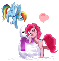 Size: 766x802 | Tagged: safe, artist:d-tomoyo, derpibooru import, pinkie pie, rainbow dash, earth pony, pegasus, pony, clothes, heart, scarf, snow, snowball, snowman