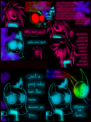 Size: 1200x1600 | Tagged: safe, artist:didun850, nightmare moon, princess luna, oc, oc:chase, alicorn, earth pony, pony, comic:ask chase the pony, collar, comic, dialogue, female, filly, glowing eyes, grin, heterochromia, leash, lineart, male, master, red eyes, s1 luna, shadow pony, smiling, stallion
