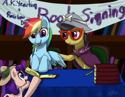 Size: 2071x1617 | Tagged: safe, artist:dawnmistpony, a.k. yearling, daring do, rainbow dash, pegasus, pony, daring don't, autograph, book, book signing, female, filly, glasses, hat, mouth hold, pencil, pith helmet, table