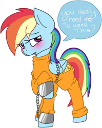 Size: 721x908 | Tagged: safe, artist:k-away, derpibooru import, rainbow dash, pegasus, pony, bound wings, chains, clothes, embarrassed, prison outfit, prisoner, prisoner rd, rainbow dash always dresses in style, shackles, solo