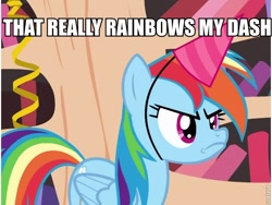 Size: 710x533 | Tagged: safe, edit, edited screencap, screencap, rainbow dash, pegasus, pony, daring don't, caption, image macro, jimmies, national random holiday party day, solo