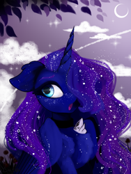 Size: 3096x4128 | Tagged: safe, artist:livitoza, princess luna, alicorn, pony, floppy ears, hair over one eye, looking at you, moon, open mouth, solo