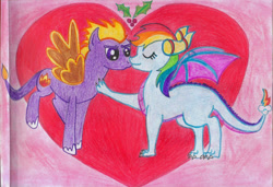 Size: 1005x687 | Tagged: safe, artist:rubythedragon, derpibooru import, rainbow dash, dragon, crossover, crossover shipping, dragonified, drawing, female, interspecies, male, ponified, rainbow dragon, shipping, species swap, spyro the dragon, spyrodash, straight