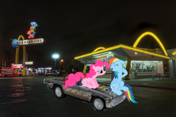 Size: 1024x680 | Tagged: safe, derpibooru import, pinkie pie, rainbow dash, california, downey, female, ford thunderbird, hot wheels, hot wheels highway 35: world race, irl, lesbian, mcdonald's, photo, pinkiedash, ponies in real life, romance, shipping, vector, world's oldest operating mcdonalds