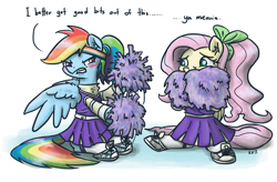 Size: 1280x842 | Tagged: safe, artist:king-kakapo, fluttershy, rainbow dash, pegasus, pony, alternate hairstyle, angry, blushing, bow, cheerleader, cheerleader fluttershy, cheerleader outfit, cheerleader rainbow dash, clothes, colored, dialogue, ear fluff, embarrassed, flailing, fluffy, gritted teeth, hair bow, headband, lip bite, pom pom, ponytail, scared, shoes, sitting, sneakers, socks, spread wings, wide eyes