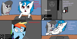 Size: 1370x706 | Tagged: safe, artist:fifthcru5ader, dj pon-3, octavia melody, rainbow dash, vinyl scratch, earth pony, pegasus, pony, computer, jumpscare, laptop computer, my little foundation: containment is magic, scp containment breach, scp foundation