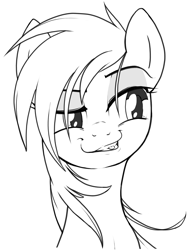 Size: 967x1280 | Tagged: safe, artist:stoic5, rainbow dash, pegasus, pony, daring don't, bust, eyeshadow, female, grayscale, grin, lidded eyes, lineart, mare, monochrome, simple background, smiling, smugdash, solo, tongue out, white background