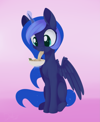 Size: 1107x1341 | Tagged: safe, artist:dusthiel, princess luna, alicorn, pony, atg 2020, eating, female, food, glowing horn, gradient background, horn, looking at something, magic, mare, newbie artist training grounds, noodles, ramen, sitting, solo, spread wings, three quarter view, wings