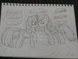 Size: 960x720 | Tagged: safe, artist:intet22, rainbow dash, twilight sparkle, pegasus, pony, female, kissing, lesbian, monochrome, pencil drawing, shipping, sketch, traditional art, twidash