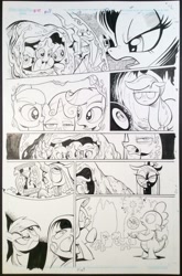 Size: 658x1000 | Tagged: safe, artist:andypriceart, derpibooru import, idw, apple bloom, applejack, fluttershy, pinkie pie, queen chrysalis, rainbow dash, rarity, scootaloo, spike, sweetie belle, twilight sparkle, changeling, changeling queen, dragon, earth pony, pegasus, pony, unicorn, black and white, comic, cutie mark crusaders, grayscale, lineart, mane seven, mane six, mirror, traditional art