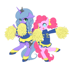 Size: 1350x1200 | Tagged: safe, artist:yuzuko, pinkie pie, princess luna, alicorn, earth pony, pony, alternate hairstyle, bipedal, blushing, bow, braid, braided pigtails, cheerleader, cheerleader outfit, cheerleader pinkie, clothes, cute, diapinkes, duo, female, floppy ears, hair bow, lunabetes, mare, miniskirt, moe, open mouth, pigtails, pom pom, shoes, skirt, socks, sweater