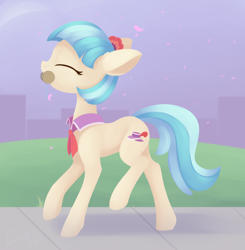 Size: 1300x1328 | Tagged: safe, artist:dusthiel, coco pommel, earth pony, pony, cocobetes, cute, eyes closed, female, mare, mouth hold, newbie artist training grounds, petal, profile, solo, spool, thread