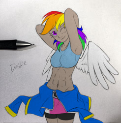 Size: 1941x1975 | Tagged: safe, artist:ixalon, artist:redapropos, color edit, derpibooru import, edit, rainbow dash, human, abs, armpits, belly button, blushing, colored, humanized, pencil drawing, sketch, solo, traditional art, winged humanization, wink, wip