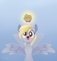 Size: 1248x1329 | Tagged: safe, artist:dusthiel, derpy hooves, pegasus, pony, atg 2020, chest fluff, cute, derpabetes, female, food, gradient background, looking at you, mare, muffin, newbie artist training grounds, smiling, solo, that pony sure does love muffins, the legend of zelda