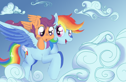 Size: 2285x1489 | Tagged: dead source, safe, artist:solarsourced, rainbow dash, scootaloo, pegasus, pony, cloud, cloudy, flying, ponies riding ponies, scootalove