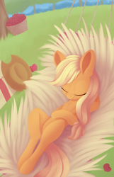 Size: 992x1537 | Tagged: safe, artist:dusthiel, applejack, earth pony, pony, apple, cowboy hat, cute, digital art, eyes closed, female, food, hammock, hat, jackabetes, mare, on back, resting, sleeping, smiling, solo, stetson, tree