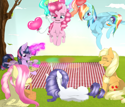 Size: 1024x877 | Tagged: safe, artist:doodle-28, derpibooru import, applejack, fluttershy, pinkie pie, rainbow dash, rarity, spike, twilight sparkle, twilight sparkle (alicorn), alicorn, dragon, earth pony, pegasus, pony, unicorn, balloon, book, female, floating, flying, grin, magic, mane seven, mane six, mare, mouth hold, picnic, picnic basket, picnic blanket, telekinesis, then watch her balloons lift her up to the sky