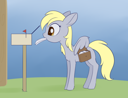 Size: 1764x1352 | Tagged: safe, artist:dusthiel, derpy hooves, pegasus, pony, atg 2020, female, mail, mailbag, mailbox, mare, mouth hold, newbie artist training grounds, solo, wing hands, wings