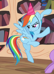 Size: 736x1004 | Tagged: safe, screencap, rainbow dash, pegasus, pony, daring don't, cropped, female, flying, hat, mare, national random holiday party day, party hat, plot, solo